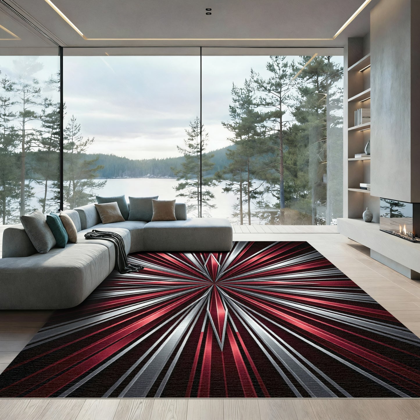 Radiant Red Silver Starburst Rug