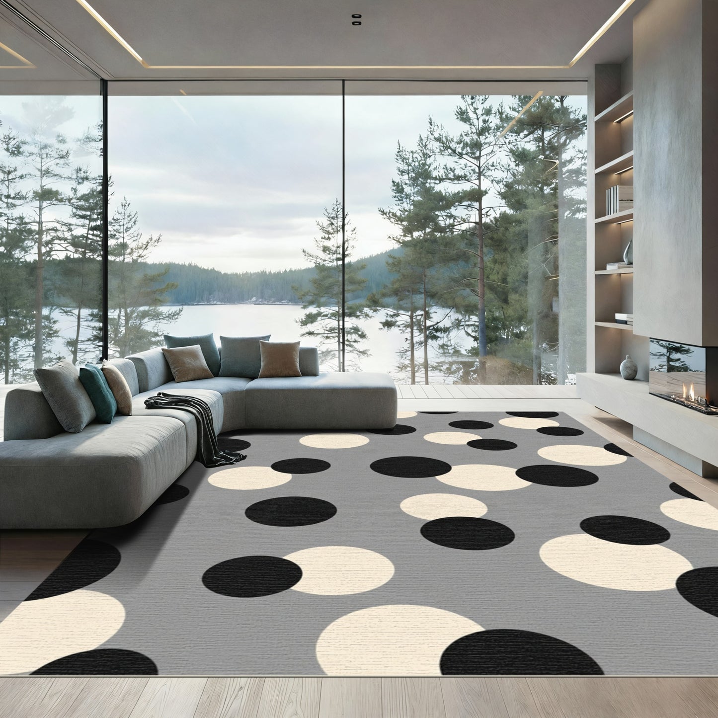 Gray Black Cream Circles Rug