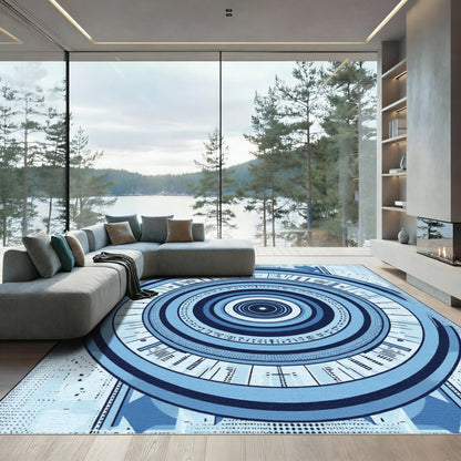 Cerulean Blue Geometric Concentric Circular Rug