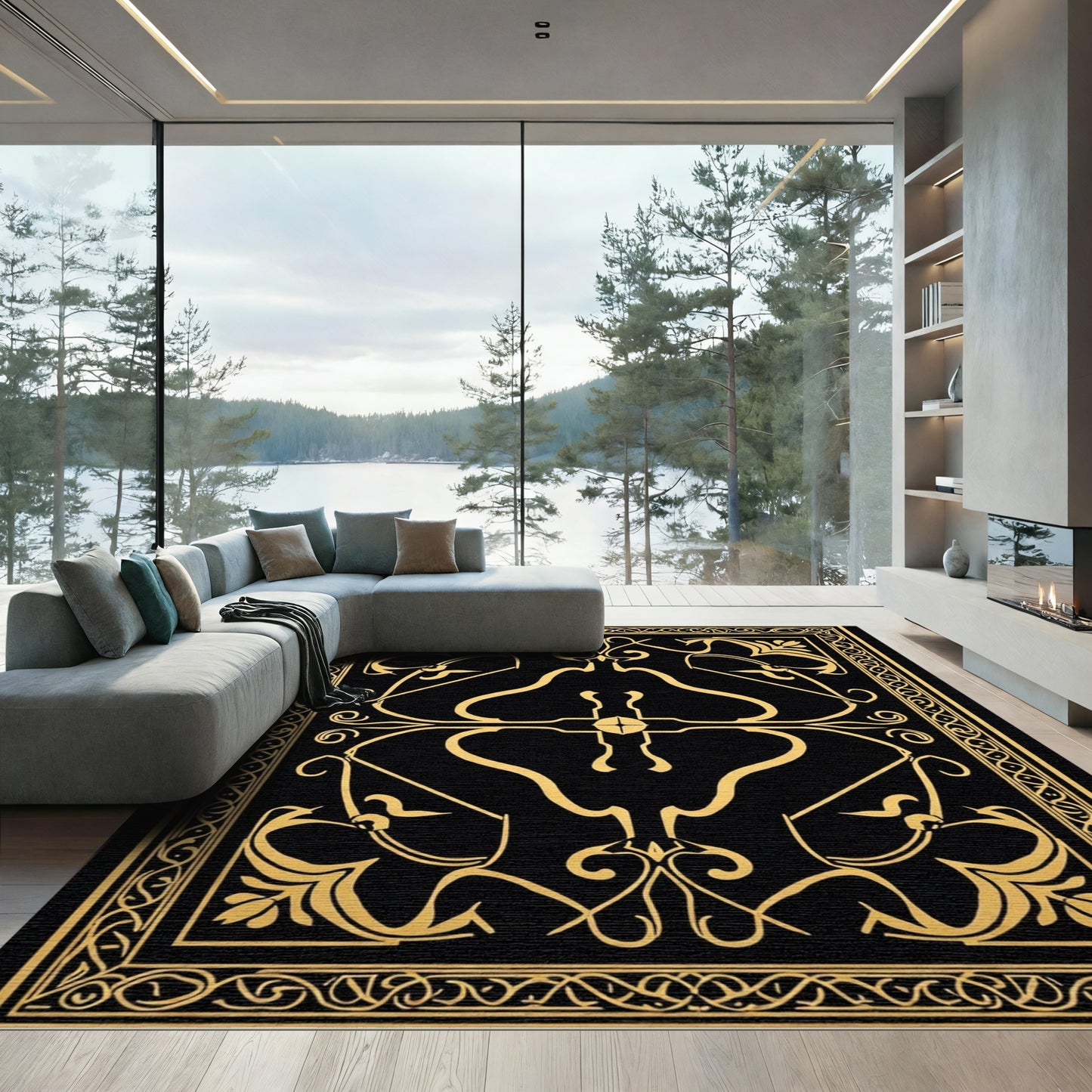 Antique Gold Black Art Nouveau Floral Rug