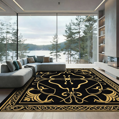Antique Gold Black Art Nouveau Floral Rug