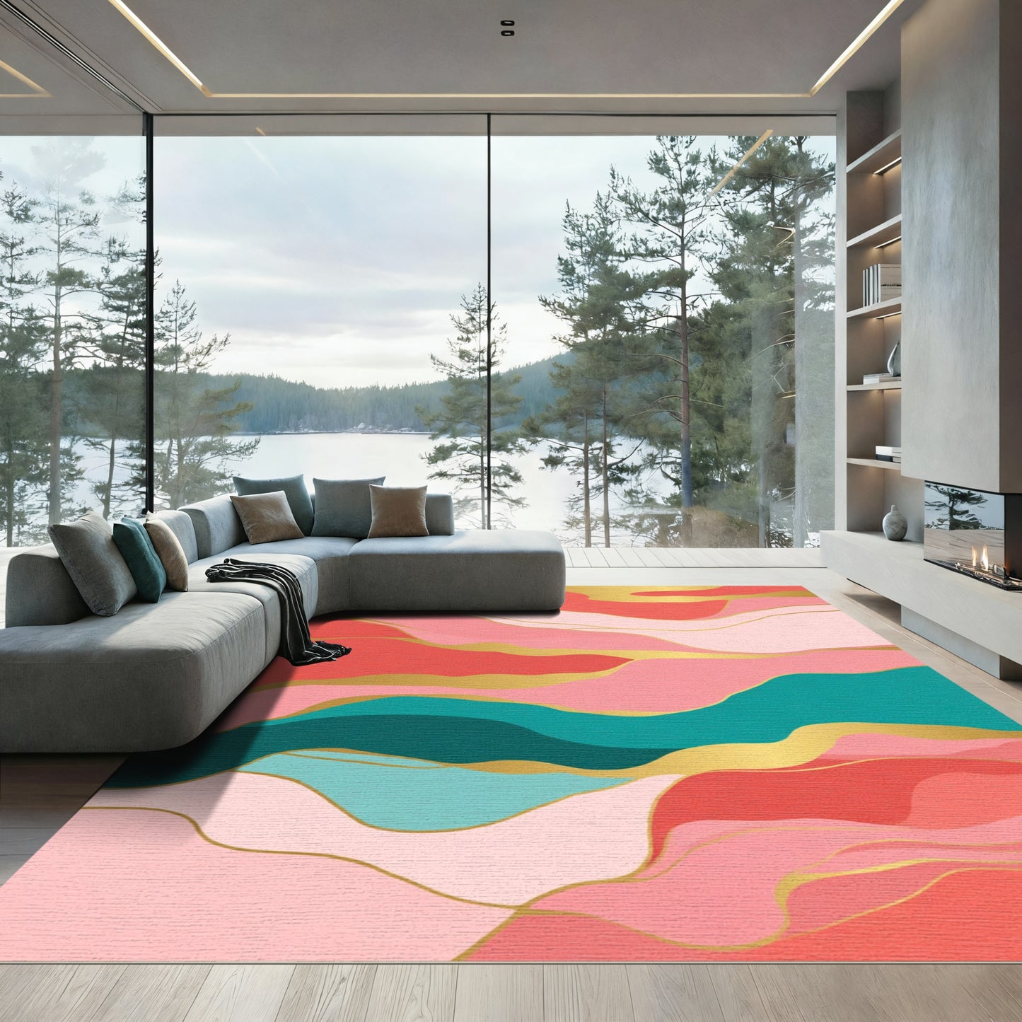 Coral Pink Teal Gold Wave Abstract Rug