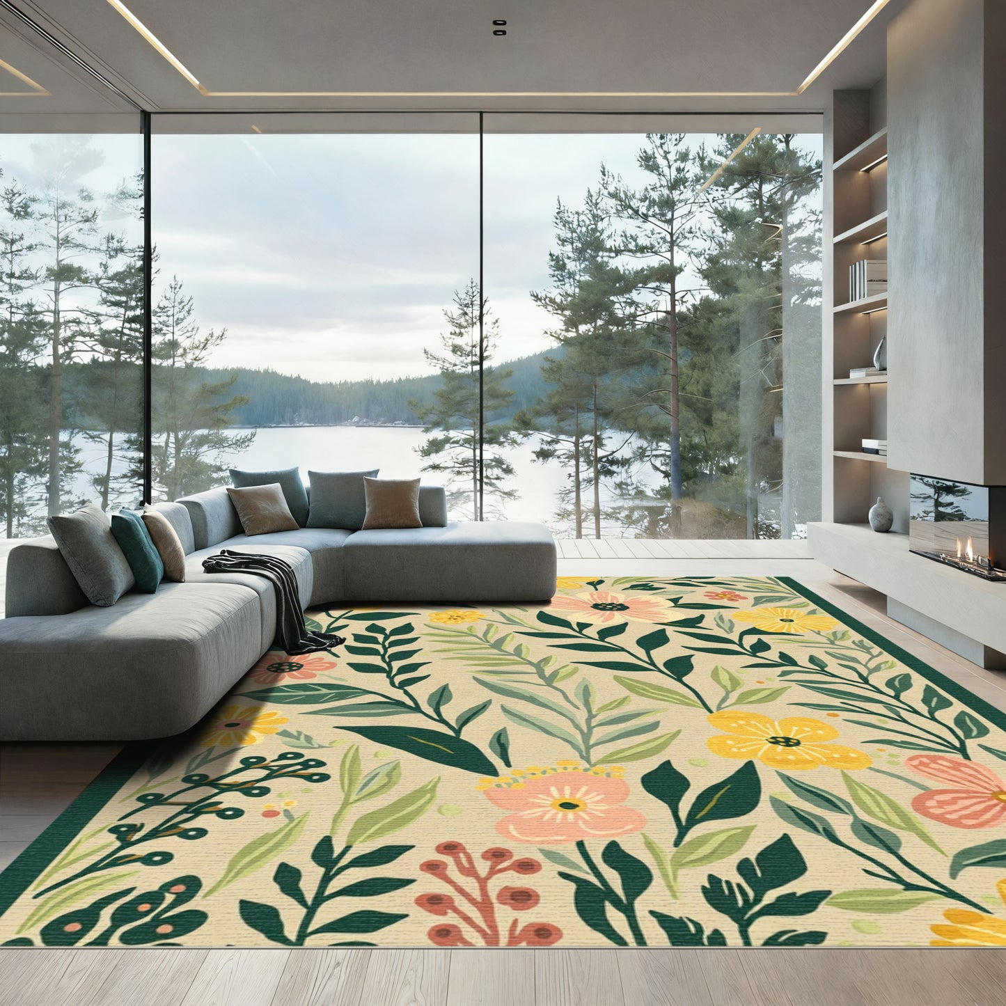 Whimsical Yellow Floral Foliage Rug