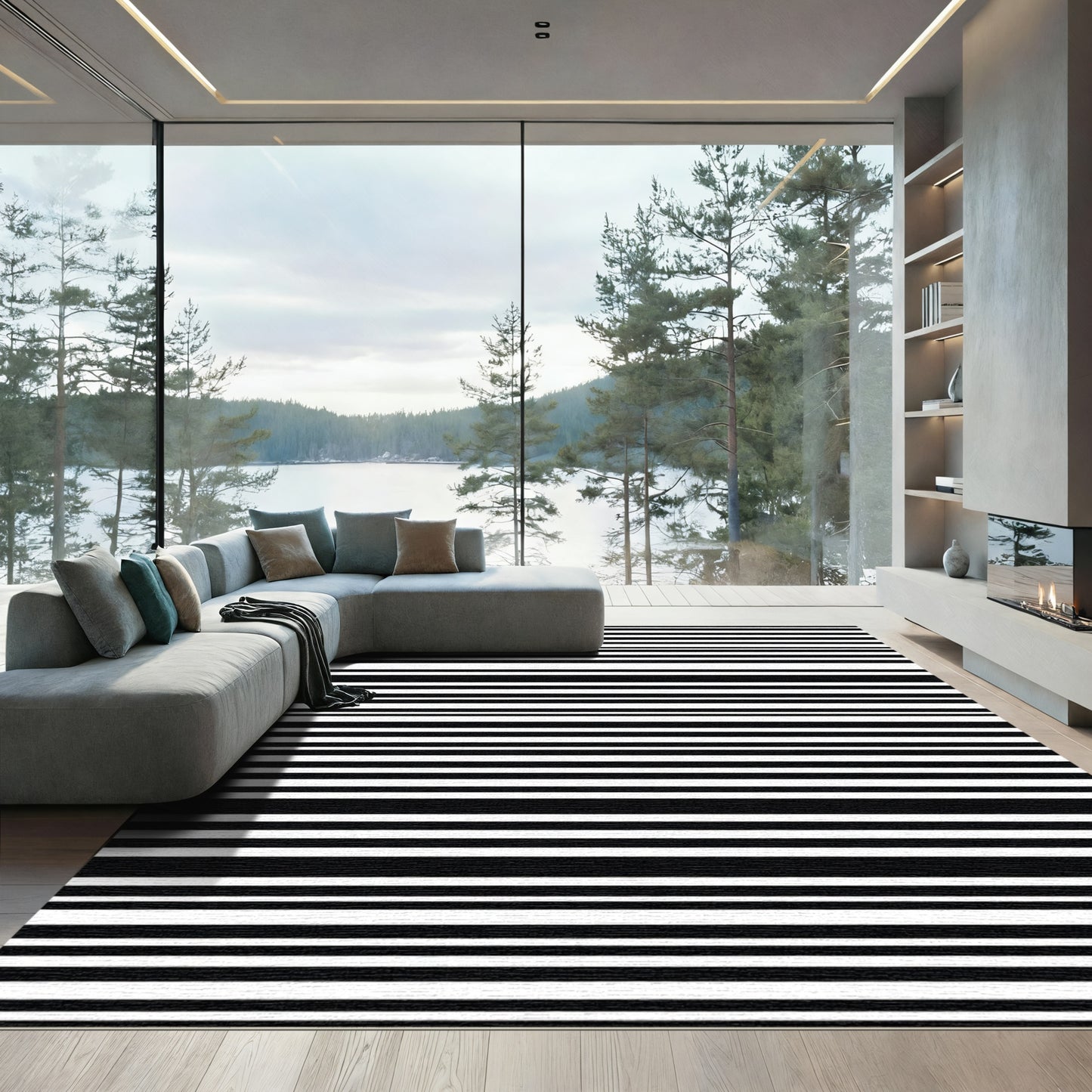 Bold Black White Horizontal Line Rug