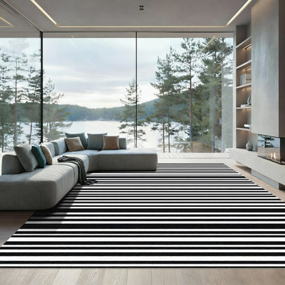 Bold Black White Horizontal Line Rug