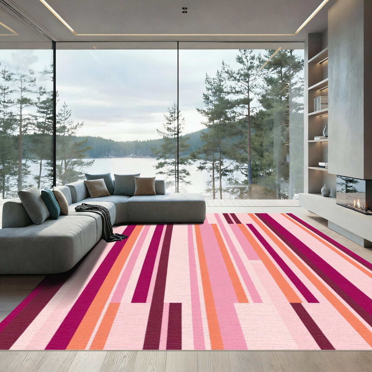 Vibrant Pink Orange Vertical Stripe Rug