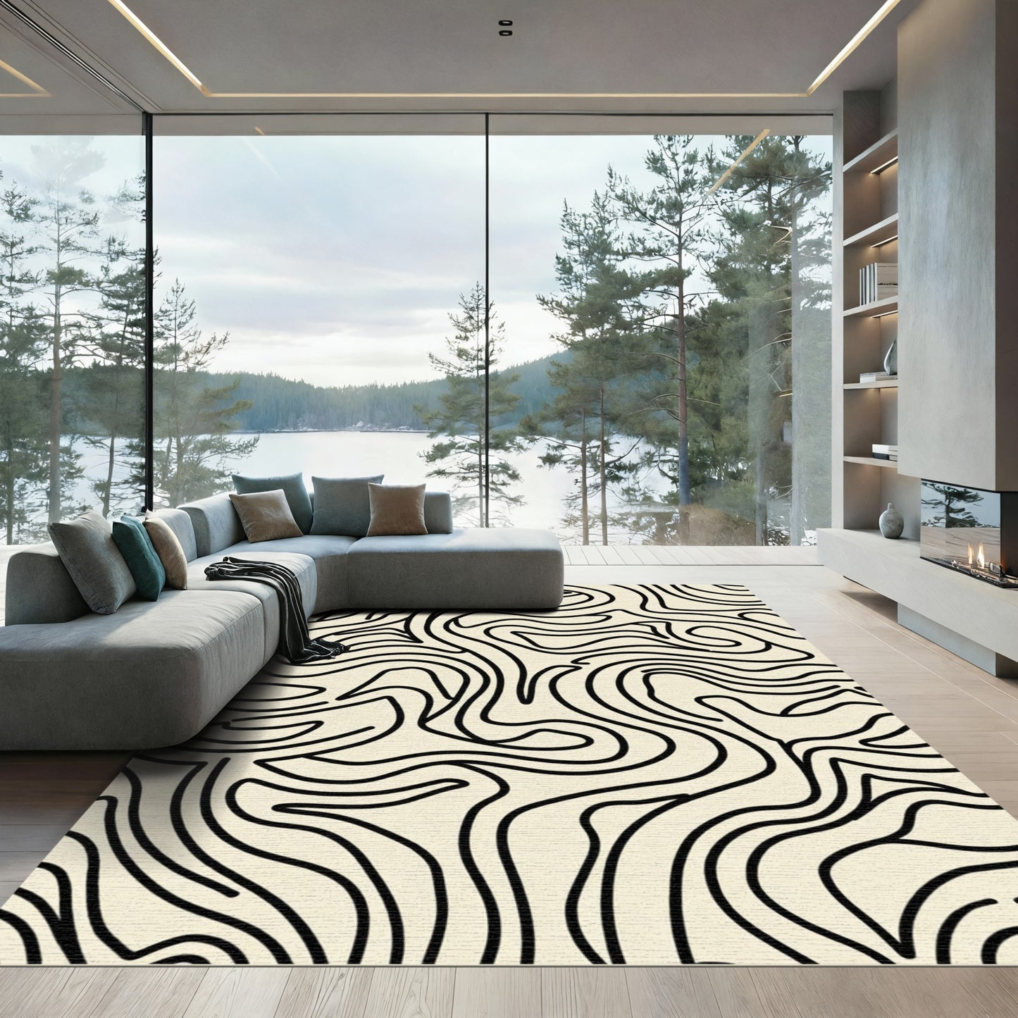 Abstract Cream Black Swirl Rug