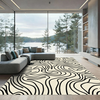 Abstract Cream Black Swirl Rug