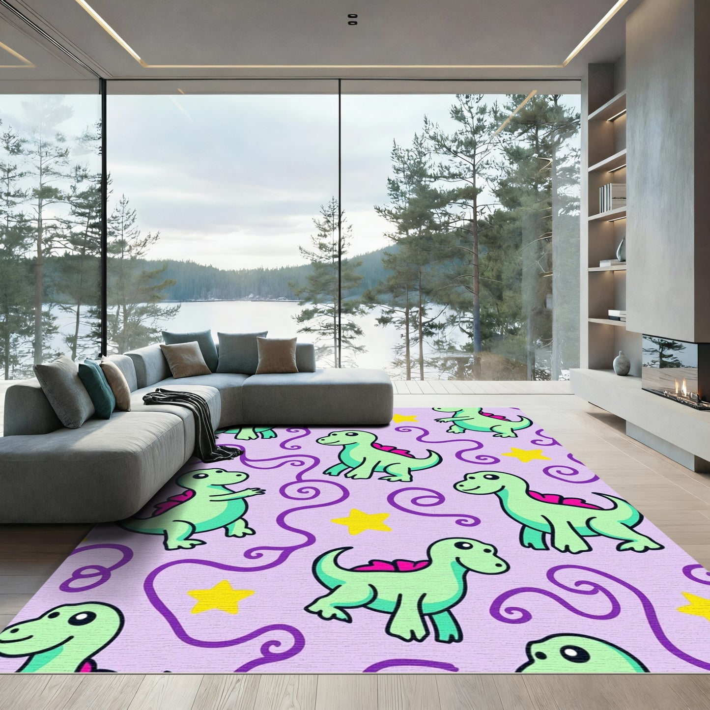 Cute Mint Dinosaur Purple Swirls Yellow Stars Rug