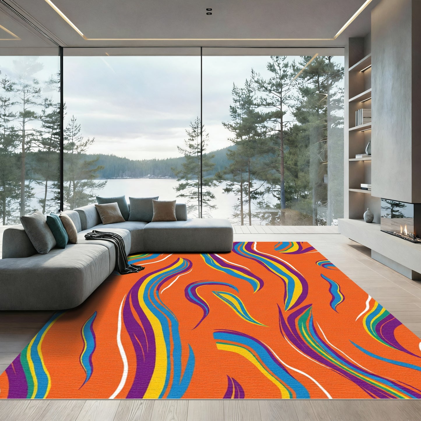 Vibrant Orange Abstract Swirl Rug