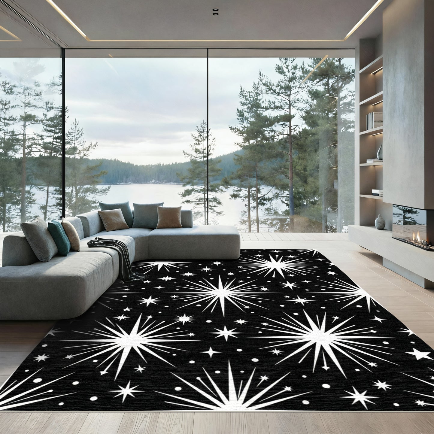 Black White Bursting Starry Night Rug