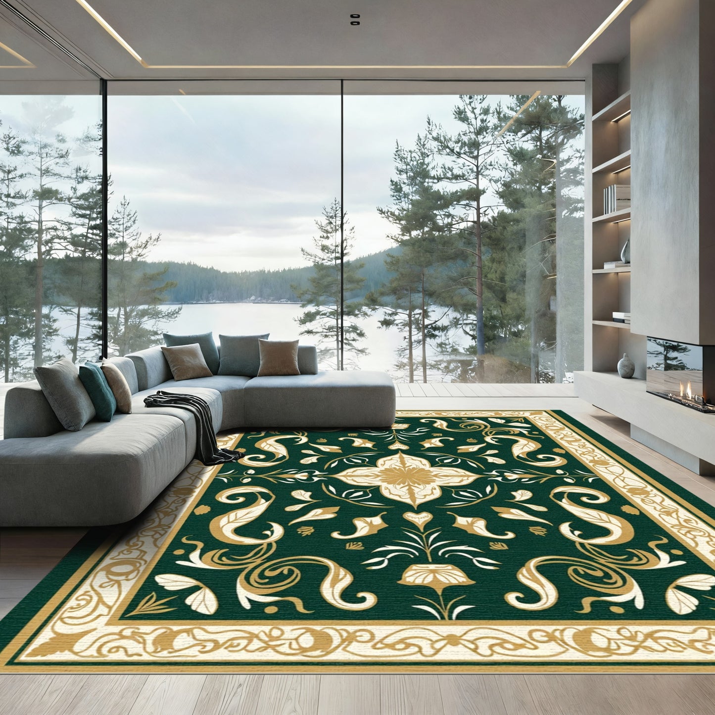 Deep Emerald Gold Floral Medallion Rug