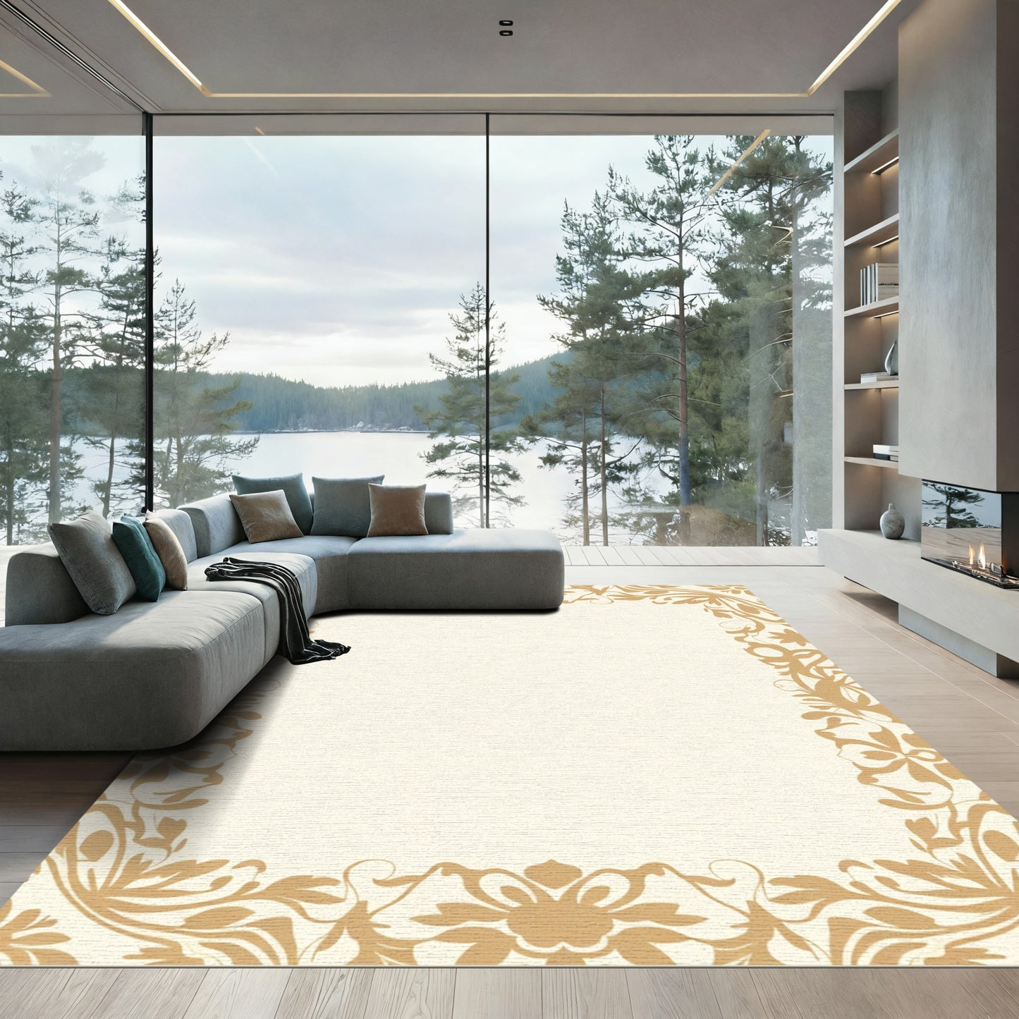 Golden Floral Border Frame Rug
