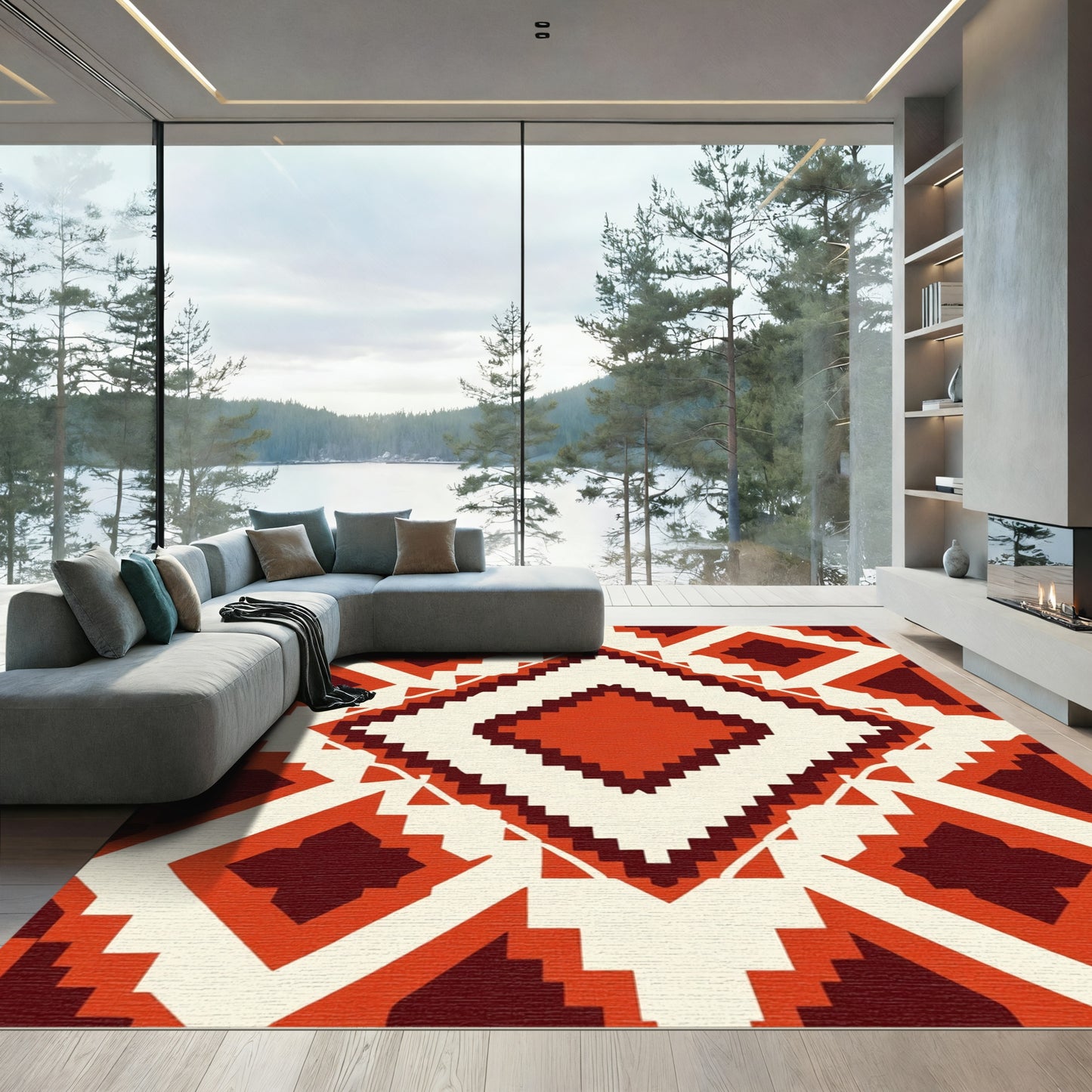 Terracotta Crimson Geometric Diamond Rug