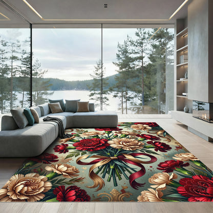 Red White Carnation Ribbon Bouquet Rug