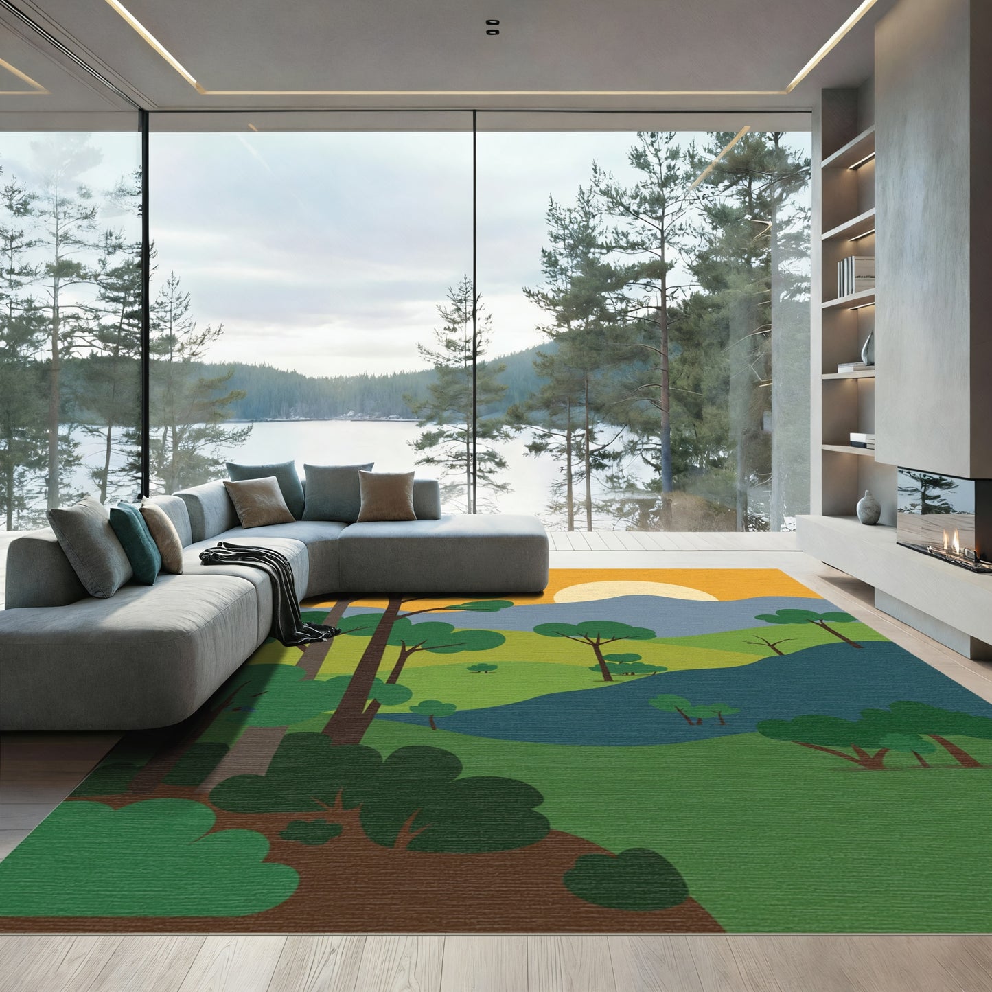 Golden Sunset Forest Landscape Rug