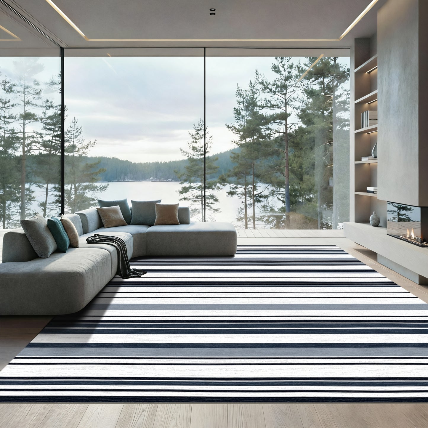 Minimalist Navy Blue Gray Striped Rug