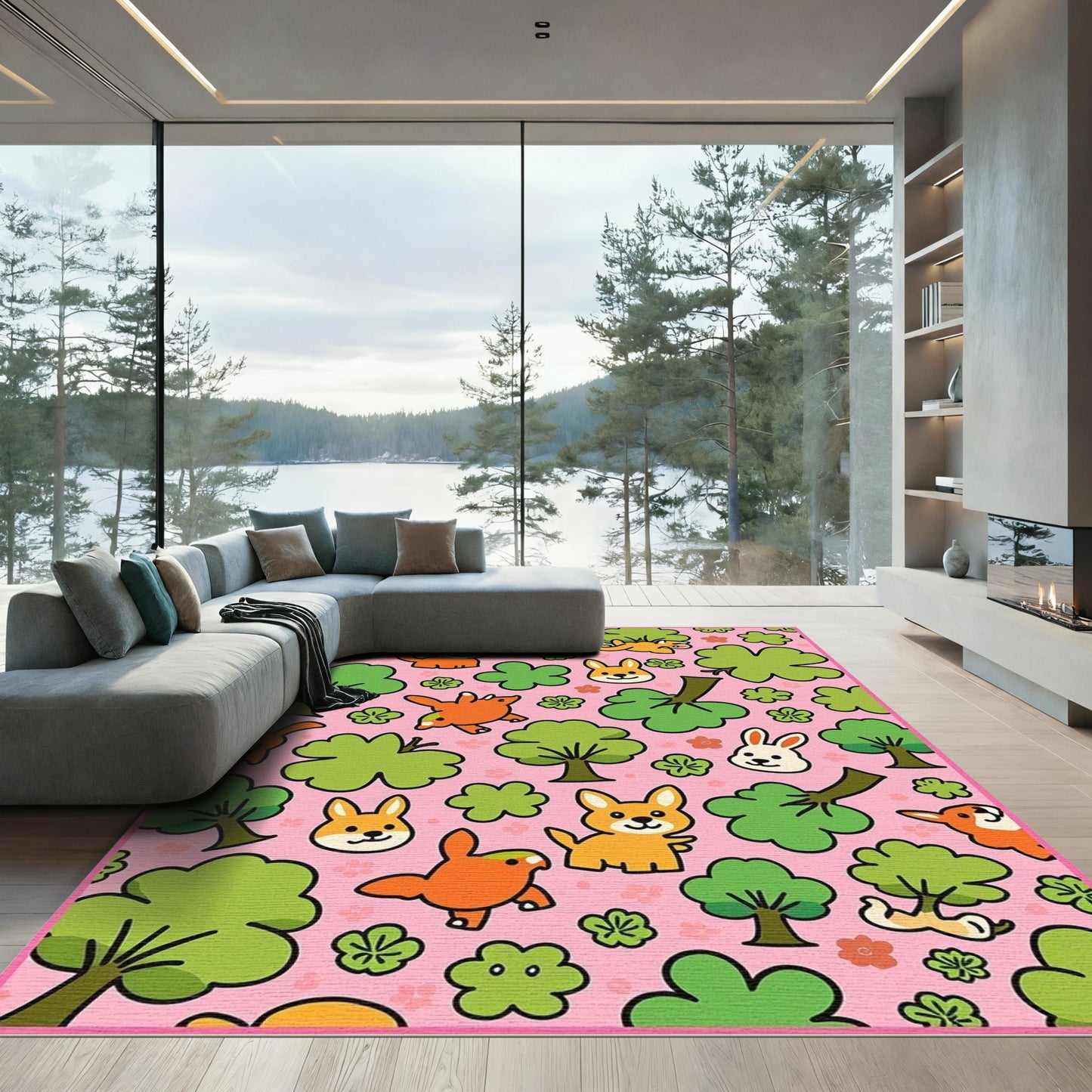 Cute Orange Fox and Bunny Forest Rug