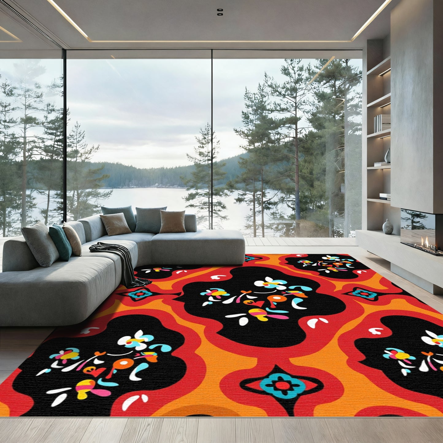Bold Red Orange Floral Medallion Rug
