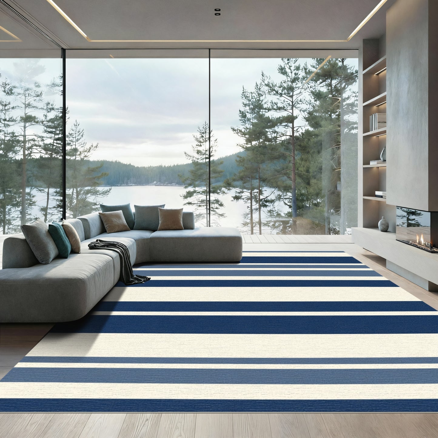 Deep Blue Horizontal Stripe Rug