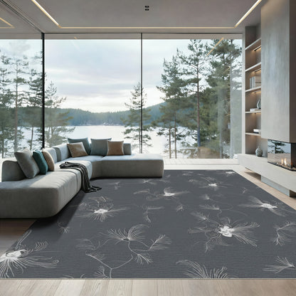 Charcoal White Whimsical Botanical Bloom Rug