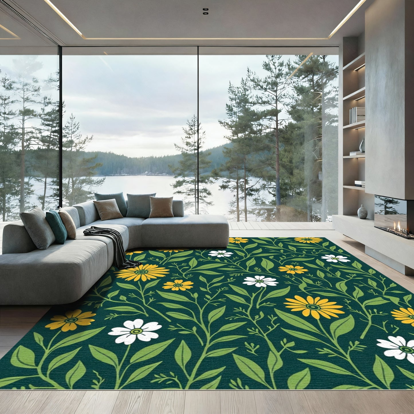 Dark Teal Yellow White Floral Vine Rug