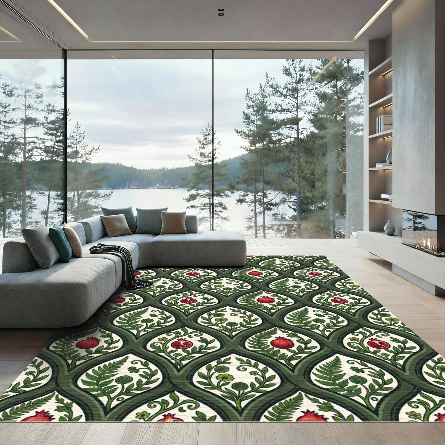 Green Pomegranate Fern Arabesque Rug