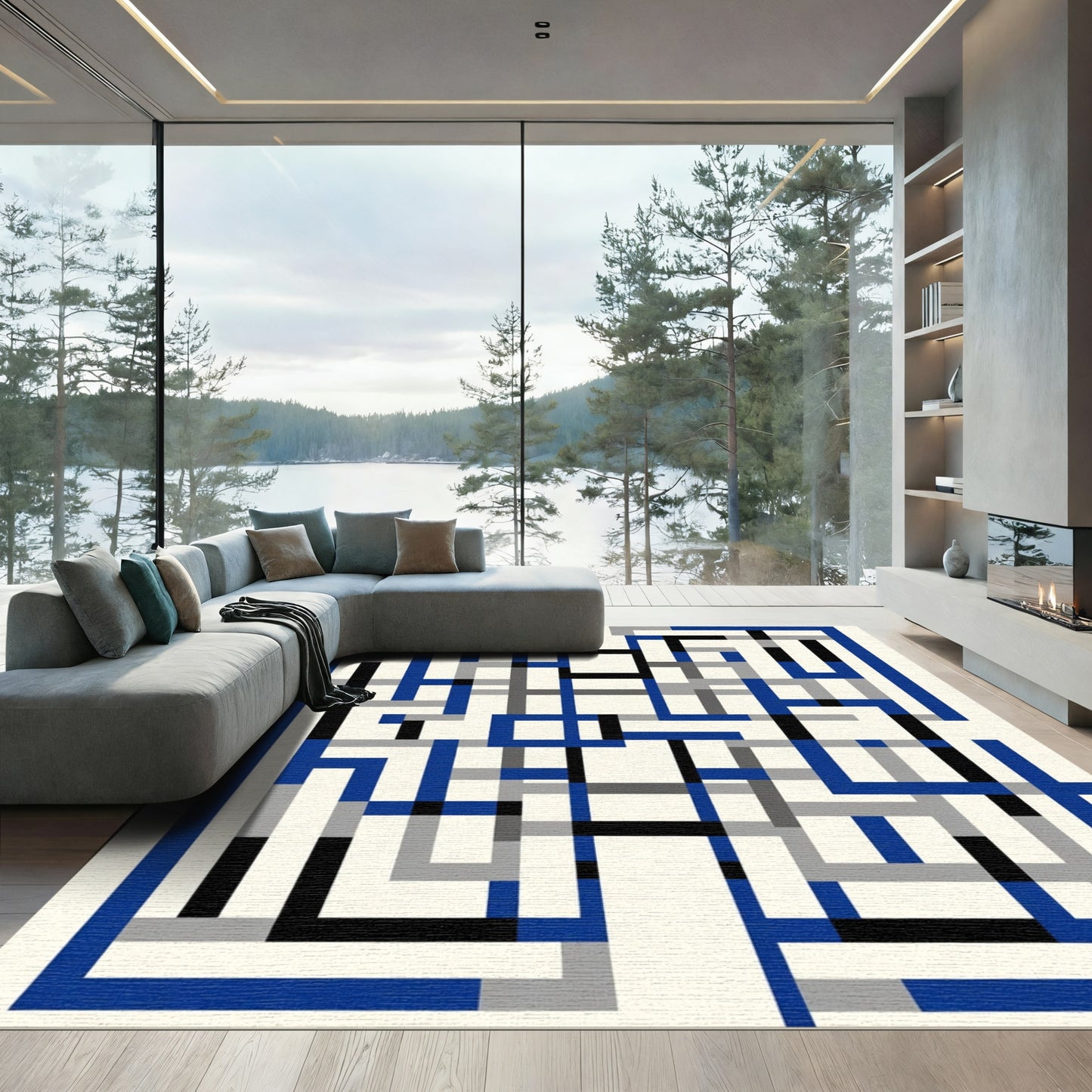 Abstract Blue Black Geometric Lines Rug