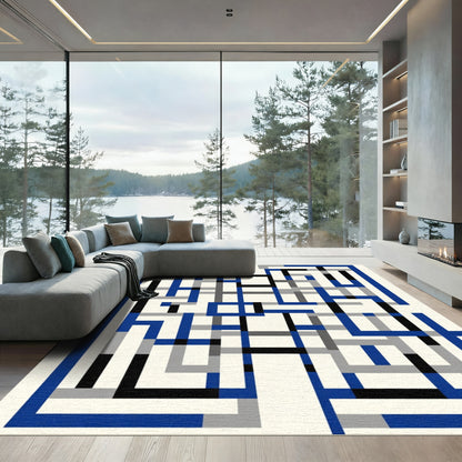 Abstract Blue Black Geometric Lines Rug