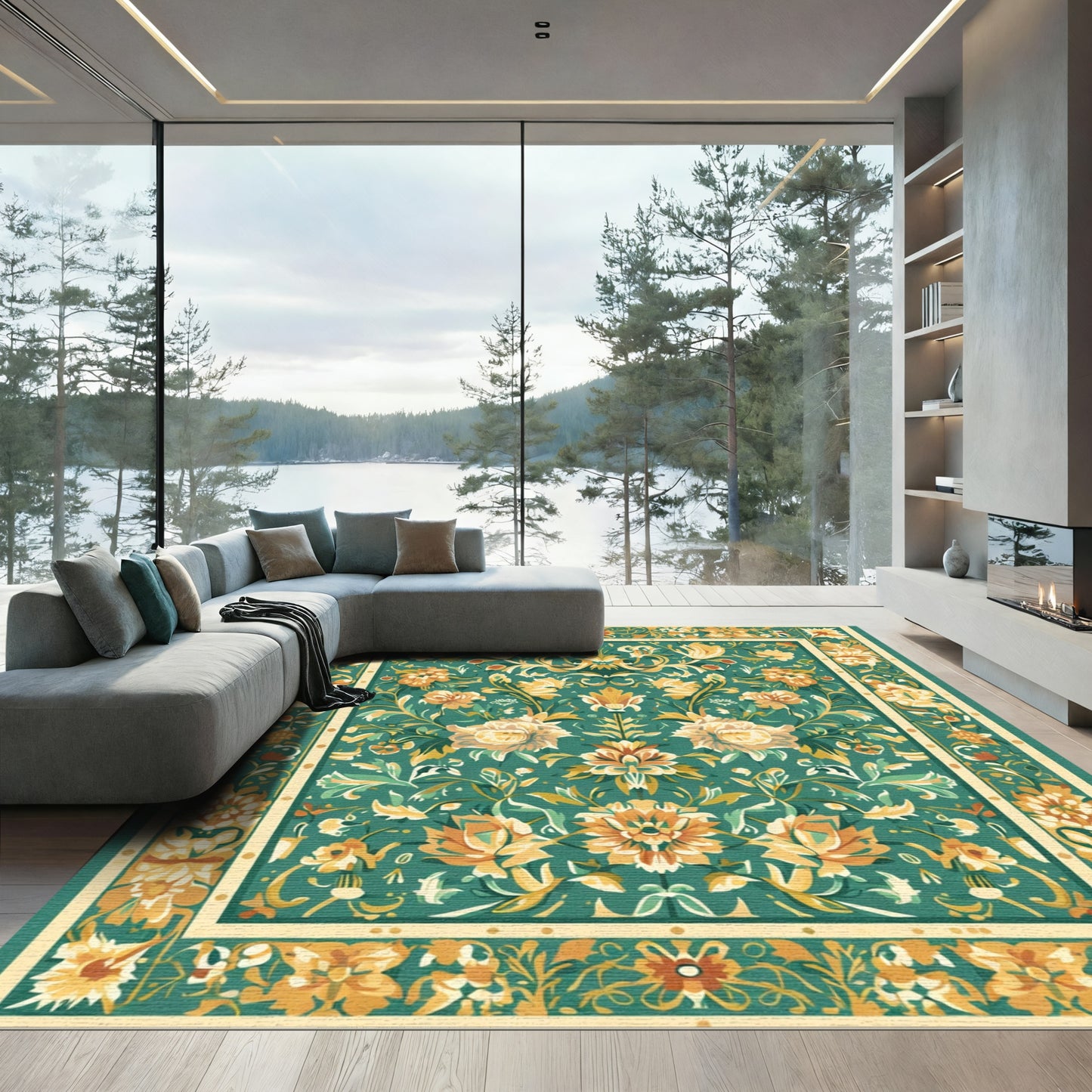 Green Floral Serenity Ornate Rug