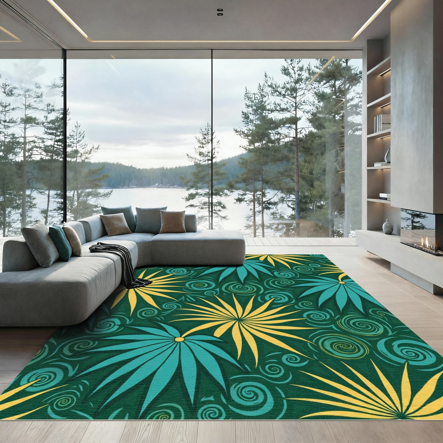 Tropical Teal Yellow Starburst Fern Rug