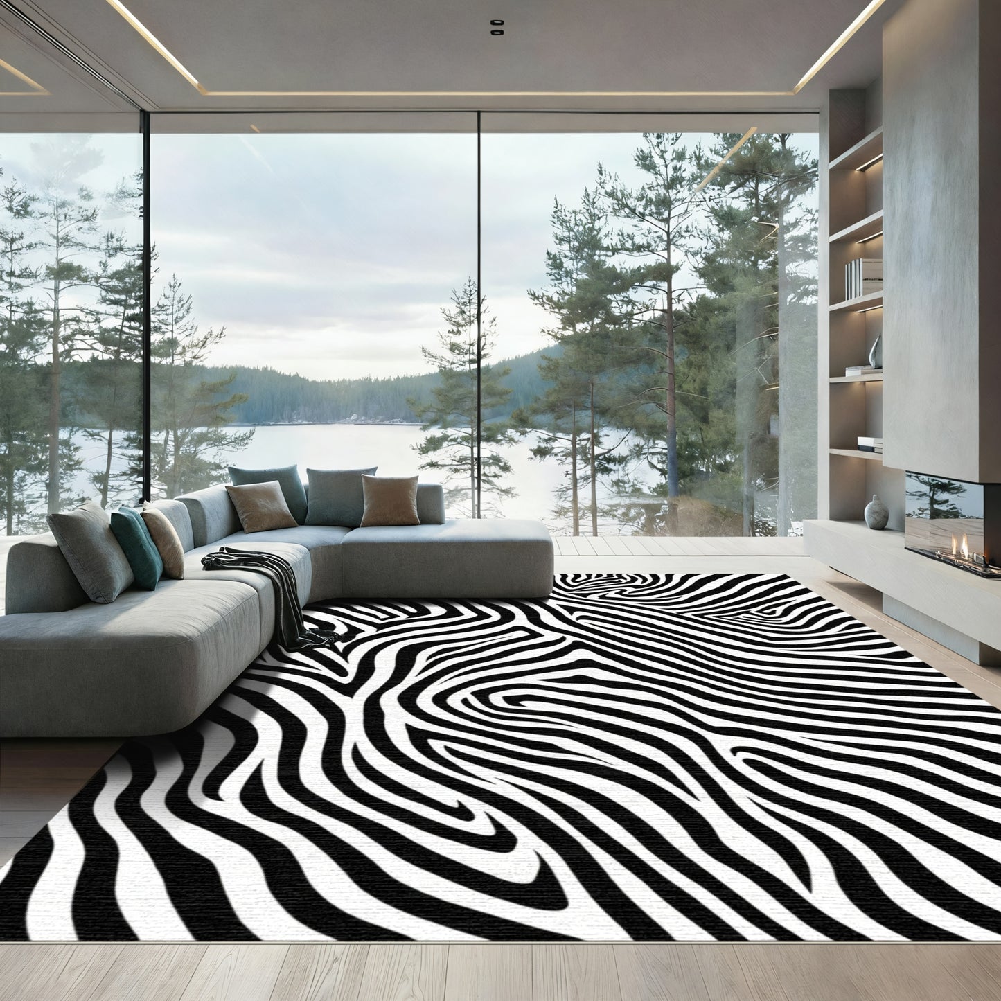 Classic Black White Wavy Stripes Rug