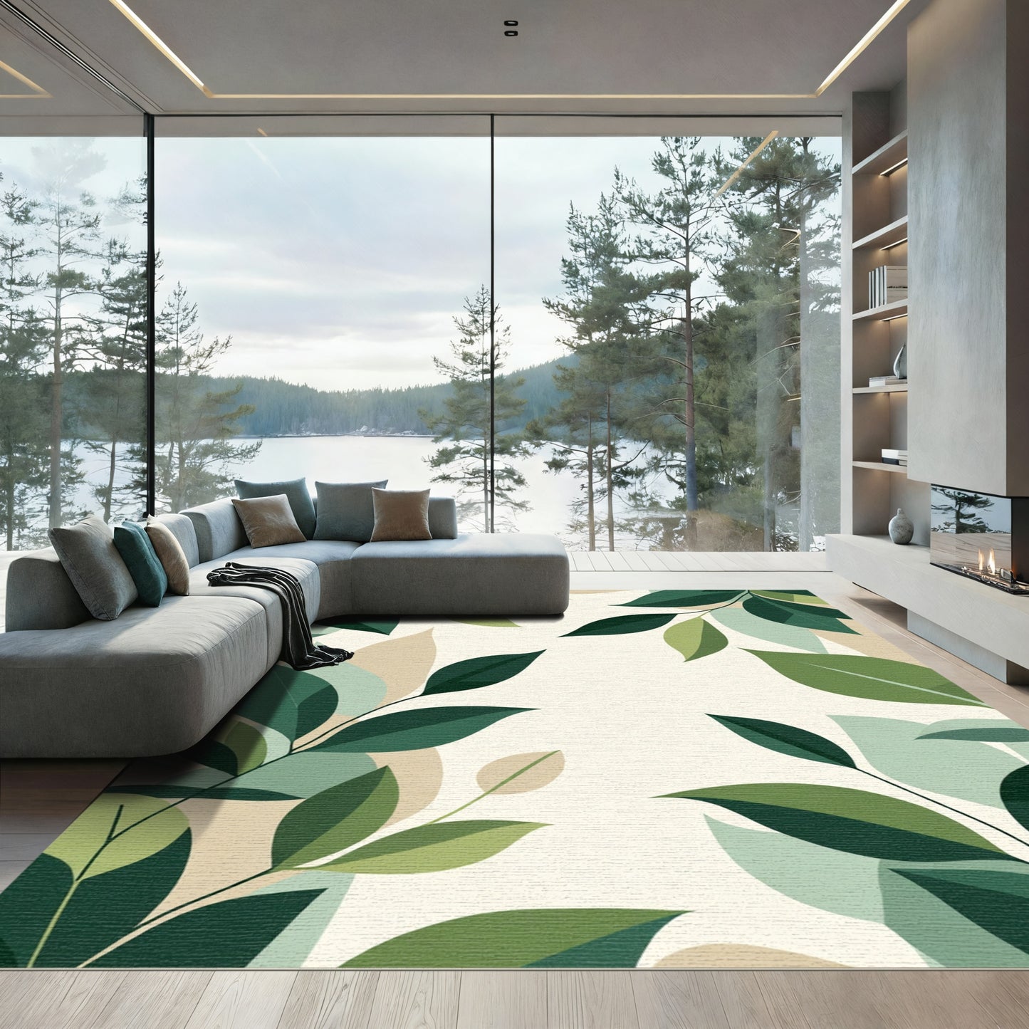 Earthy Green Leaf Branch Collage Rug