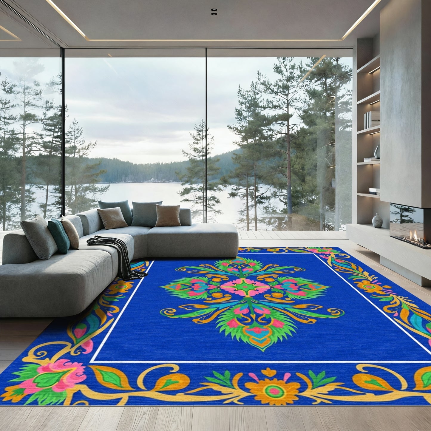 Vibrant Blue Floral Medallion Border Rug