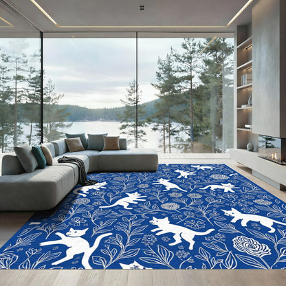 White Cats Blue Floral Garden Rug