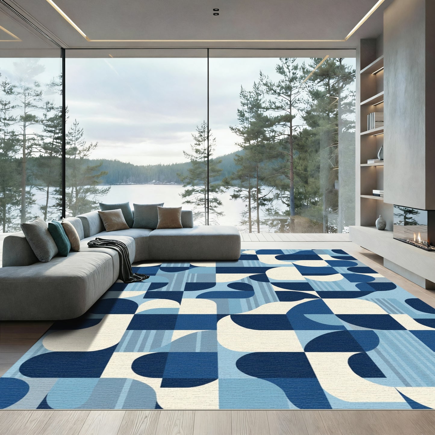 Interlocking Shapes Blue Geometric Rug