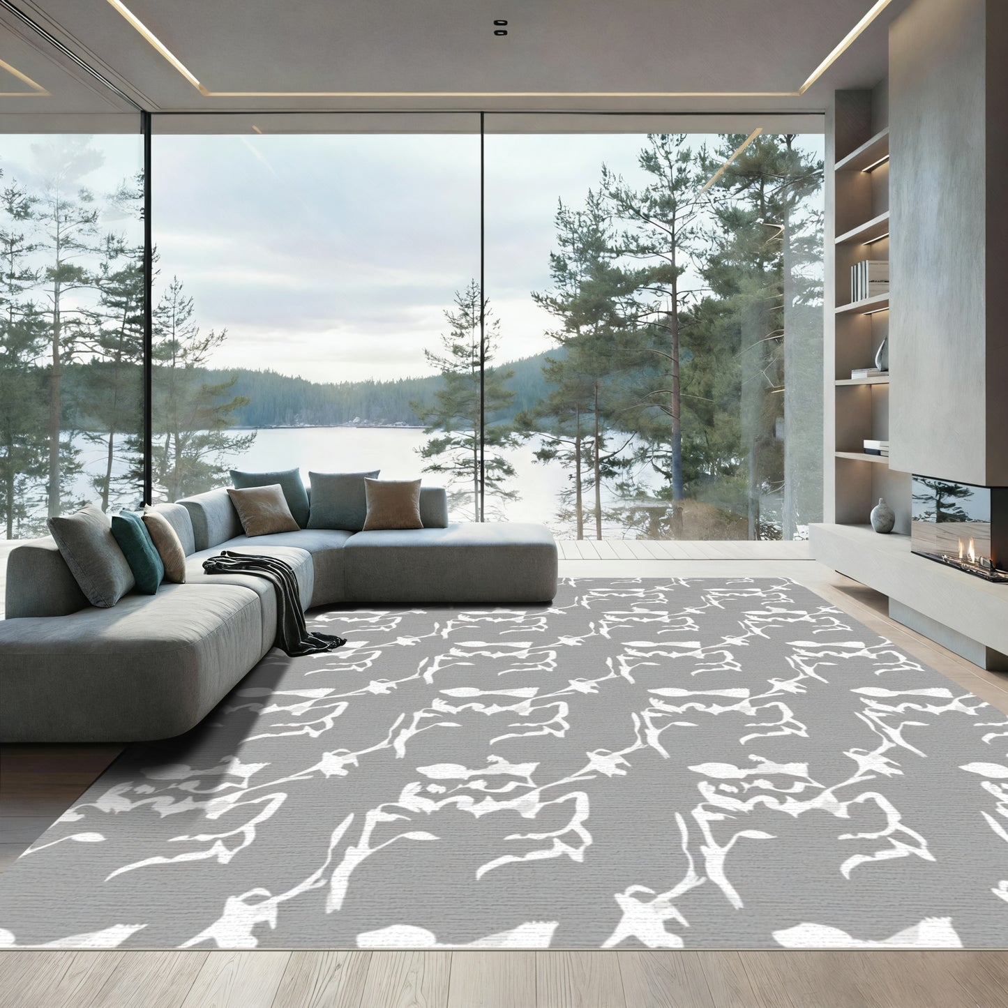 White Ink Wash Floral Garden Rug