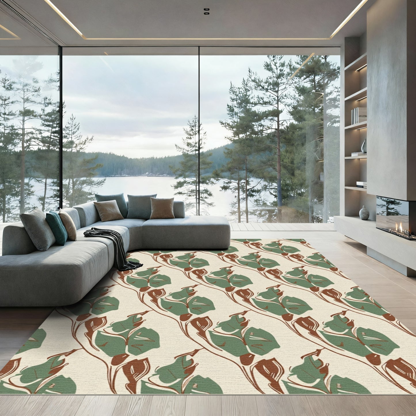 Sage Green Abstract Floral Outline Rug