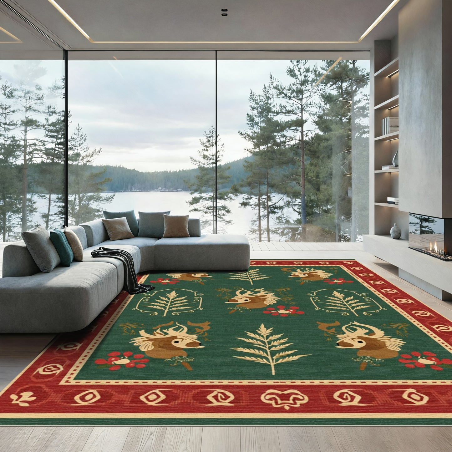 Forest Deer Floral Red Border Rug