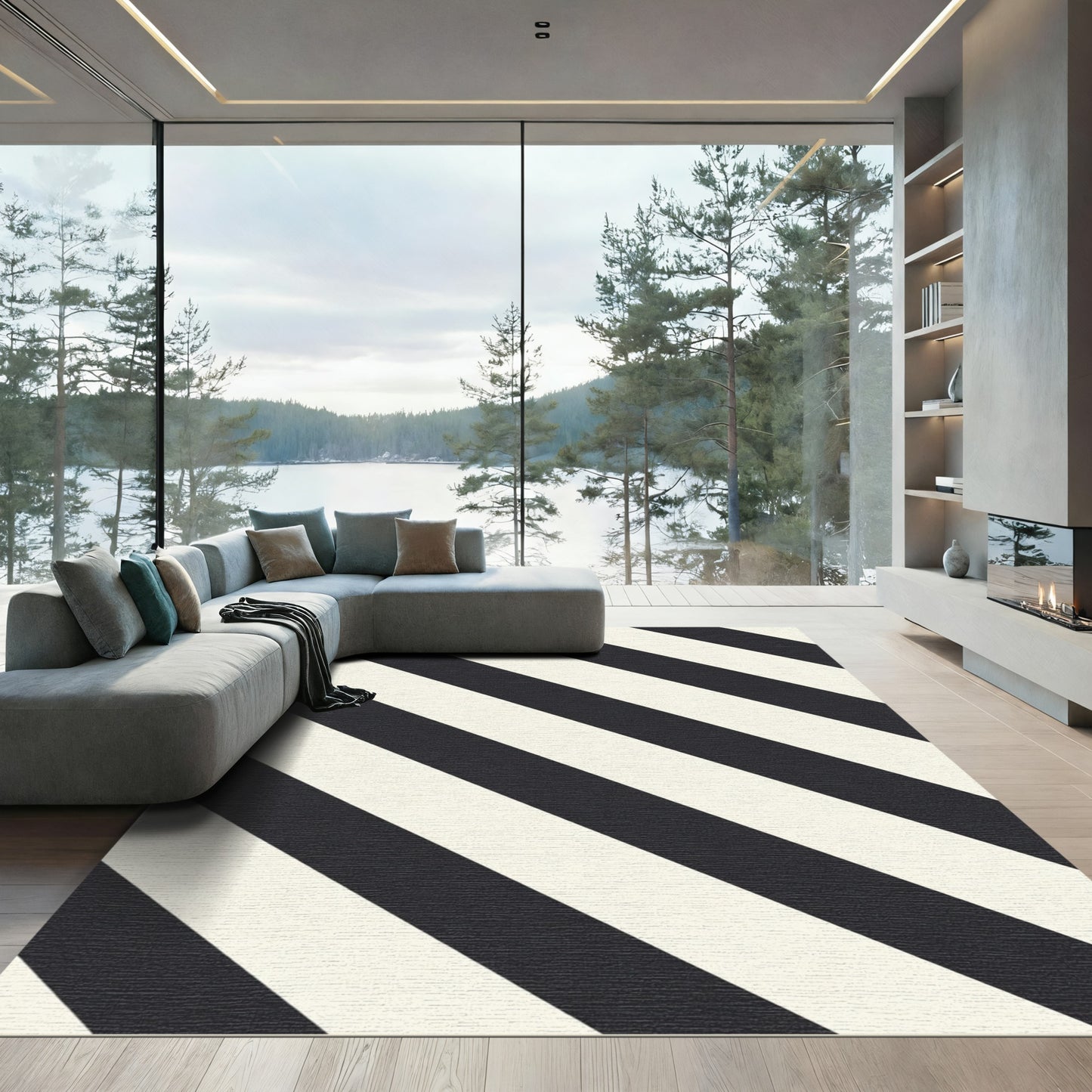 Classic Black Ivory Diagonal Stripes Rug