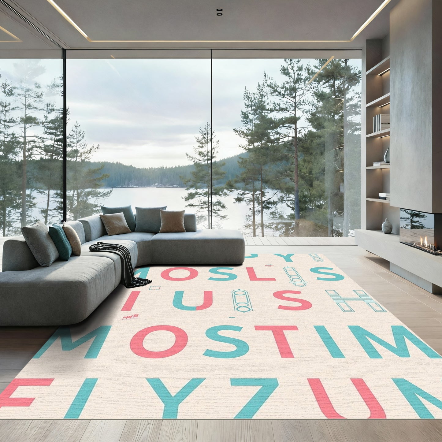 Aqua Pink Textual Geometric Composition Rug