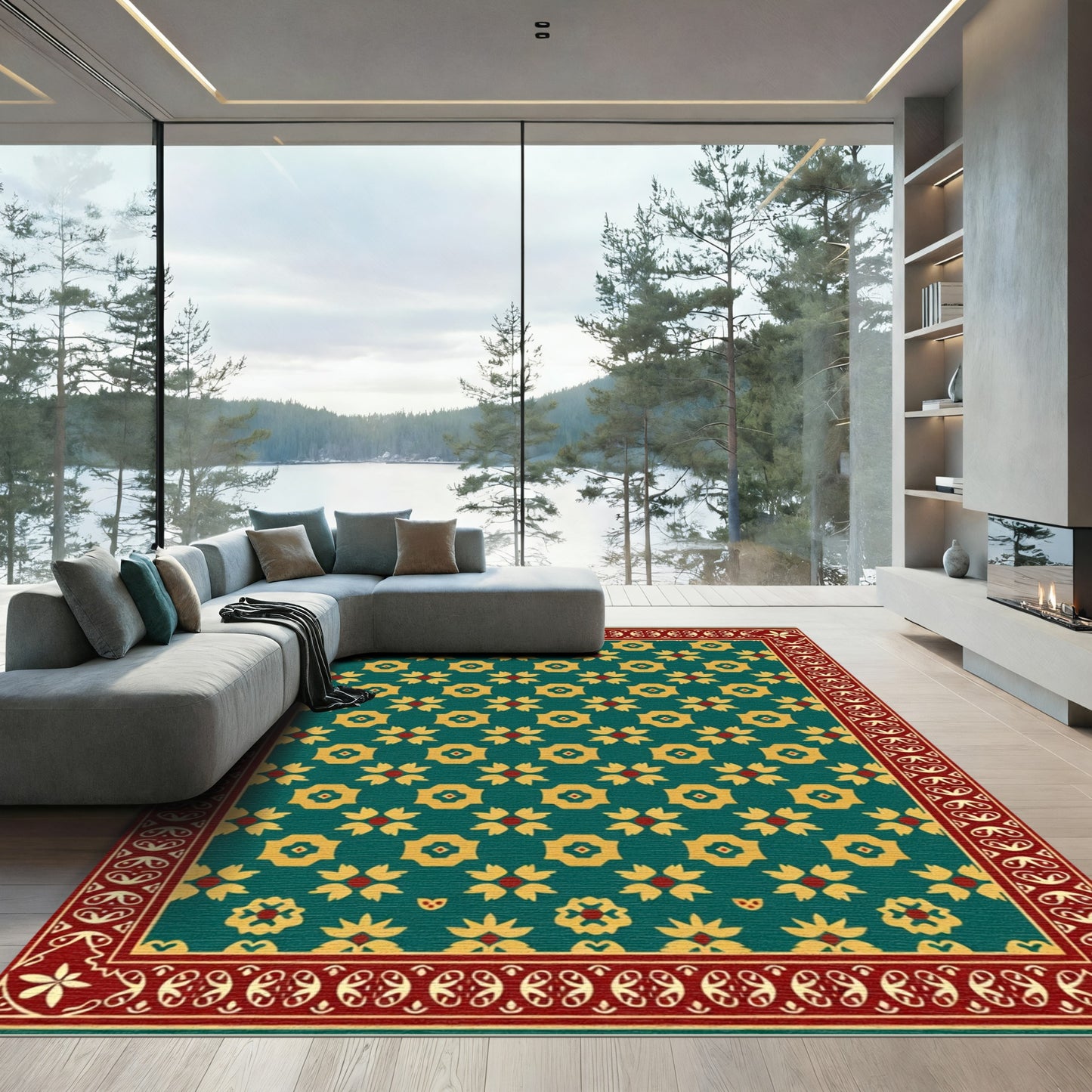 Teal Gold Floral Geometric Border Rug