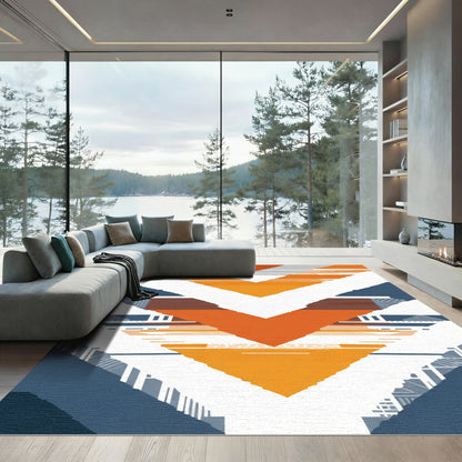 Modern Geometric Orange Blue Chevron Rug