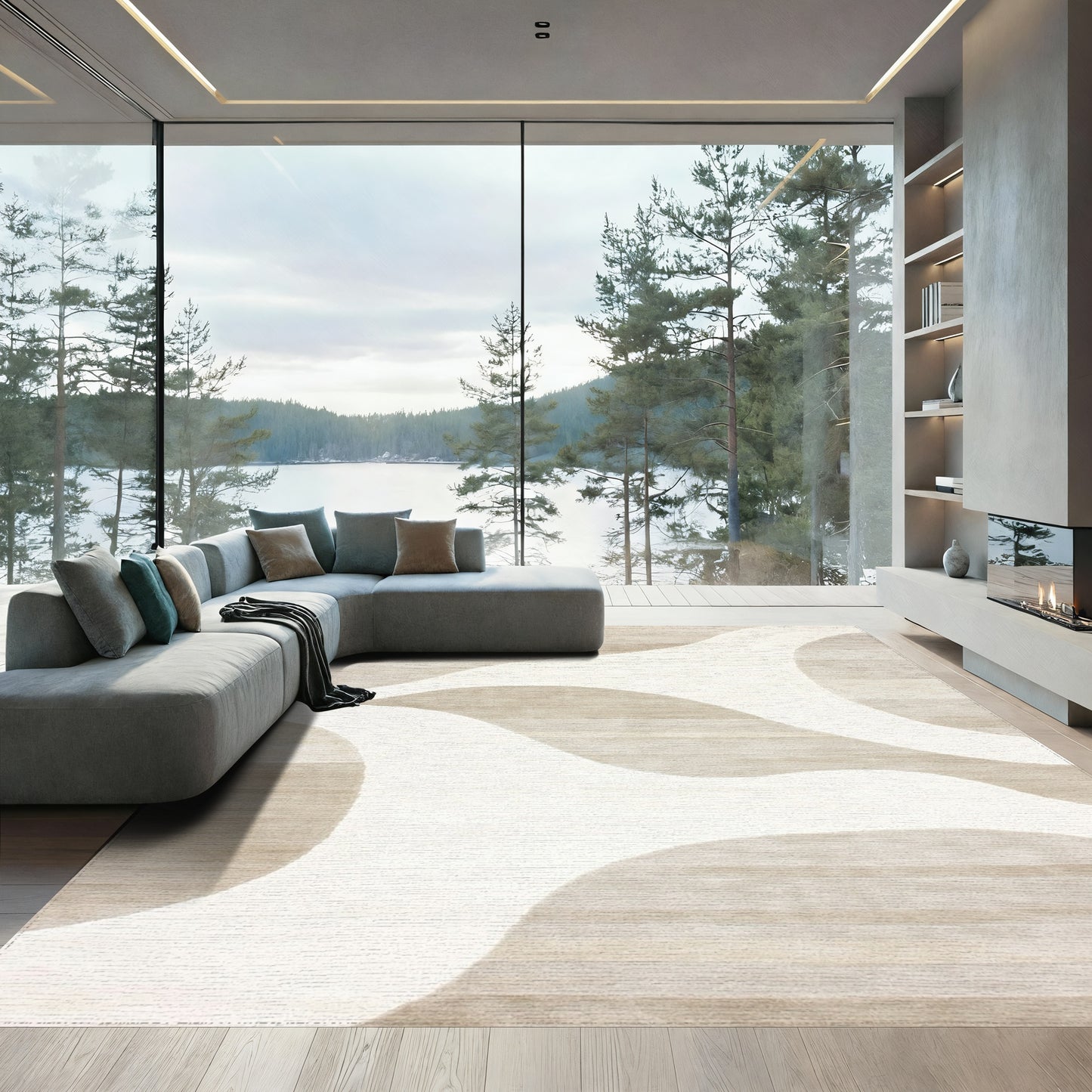 Abstract White Curves Beige Striped Rug