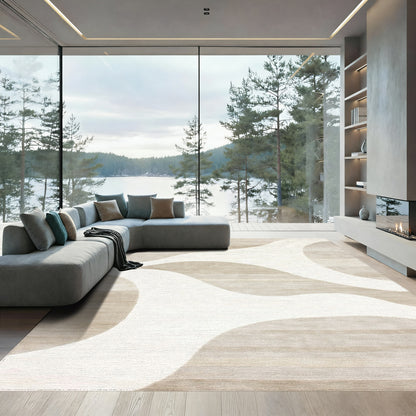 Abstract White Curves Beige Striped Rug