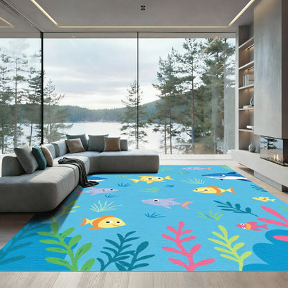 Playful Blue Ocean Shark Fish Rug