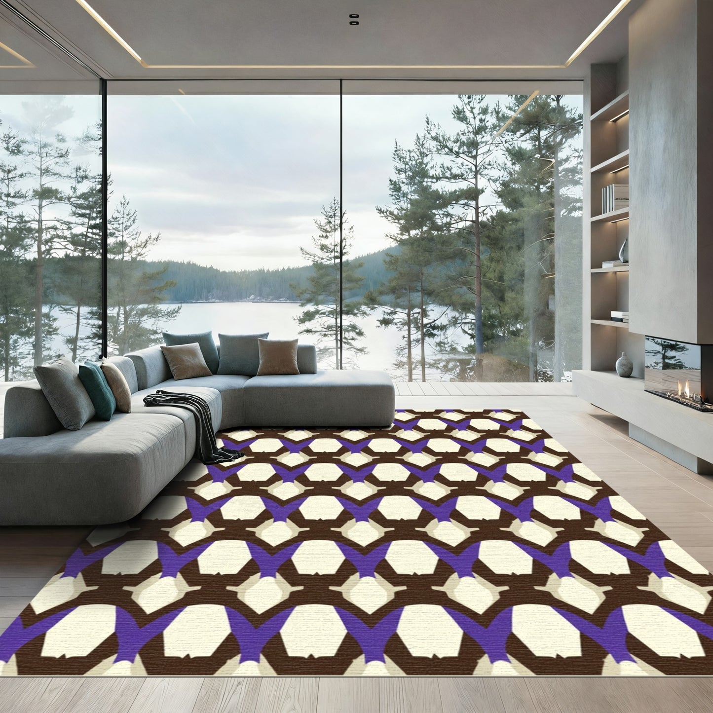 Brown Purple Cream Geometric Net Rug