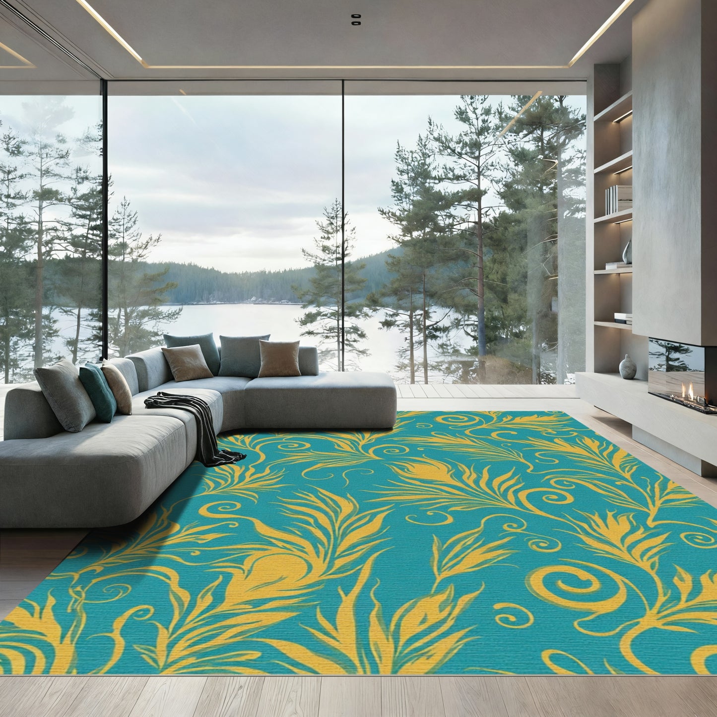 Golden Teal Swirl Feather Romance Rug