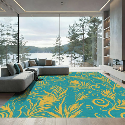 Golden Teal Swirl Feather Romance Rug