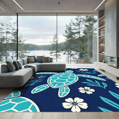 Ocean Blue Turtle Floral Collection Rug